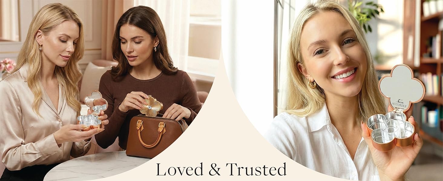 Lucky Charm Luxury Travel Pill Organizer, 5 Compartments, Easy-Open Lock, Mirror, Cute Compact Pill Box for Purse, BPA-Free, Gold, Stylish Vitamin Case & Small Jewelry Storage (Rose Gold)