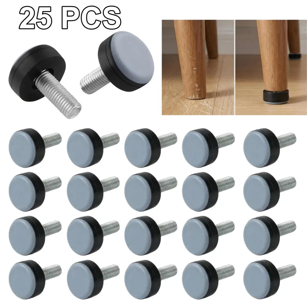 M6 Adjustable Furniture Levelers 25PC, Teflon Non-Slip Base with Screws, Heavy-Duty Leveling Feet for Chair, Table, Sofa & Cabinet, Quiet on Uneven Hardwood Floors
