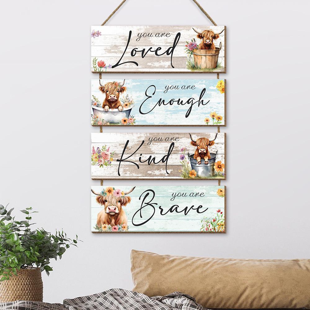 Highland Cow & Flower & Letter Pattern Wooden Sign, Vintage Plaque Decor, 4 Counts/set Farmhouse Themed Wall Hanging Ornament, Wall Decor for Home Living Room Bedroom Kitchen