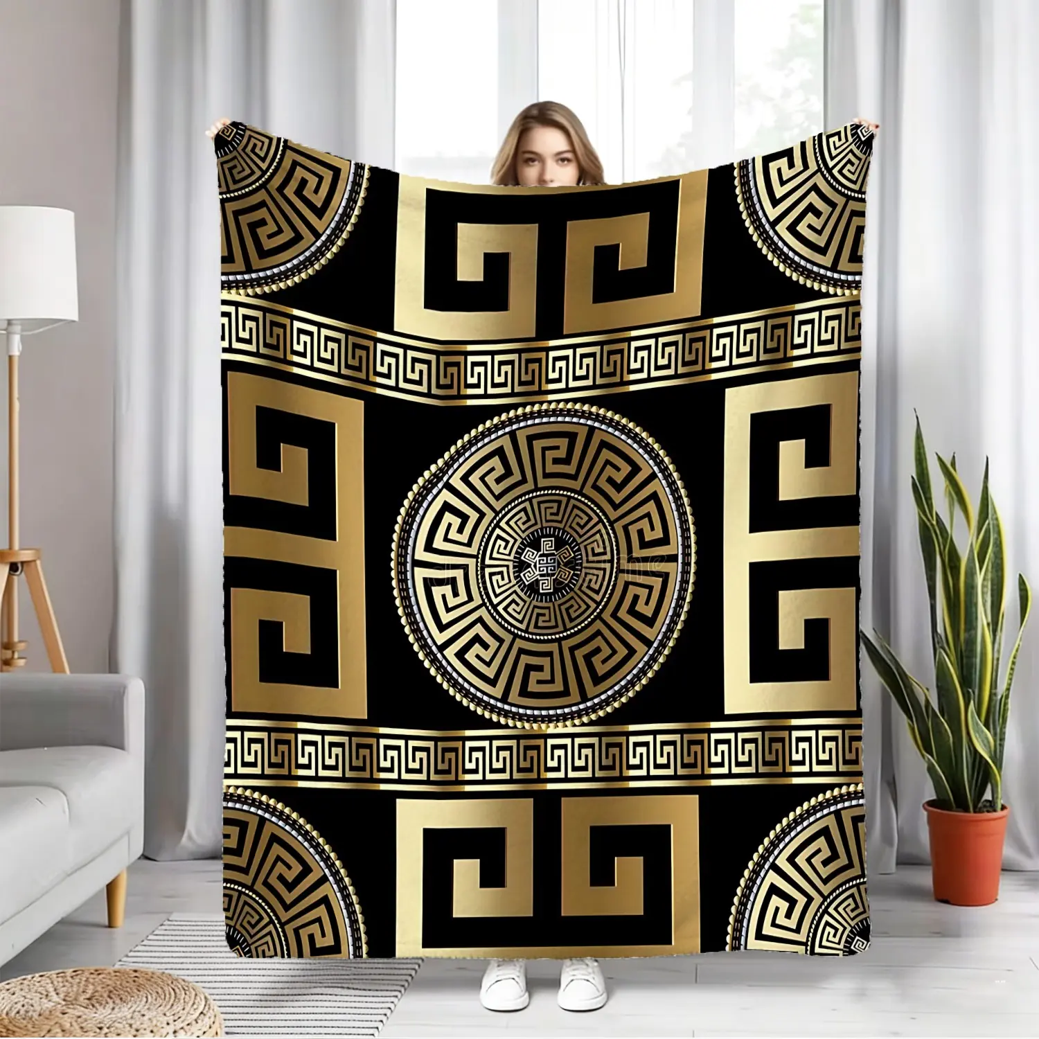 Black and Gold Greek Geometric Print Flannel Blanket, Is A Soft Material, Suitable for All Seasons. It'S A Lightweight Soft Blanket Throw Ideal for Sofas, Beds, Office Naps, and Camping. A Gift for Lovers of Classic Art Blankets for Bed
