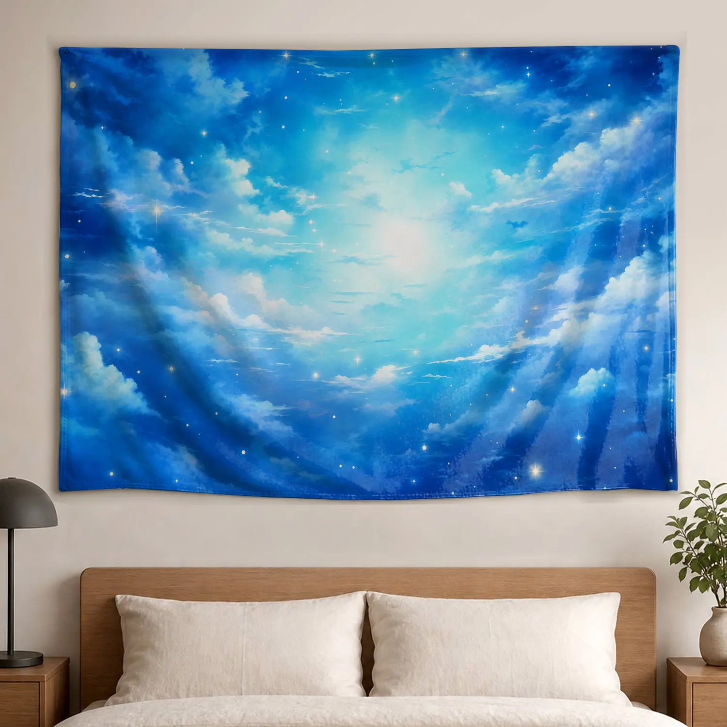 Blue Dreamy Starry Sky Clouds Wall tapestry,Large size Printed Horizontal Tapestry blanket,Polyester Fabric Wall Hanging for bedroom,living room,No Installation Required,Indoor,Outdoor,Gift for Family and Friends