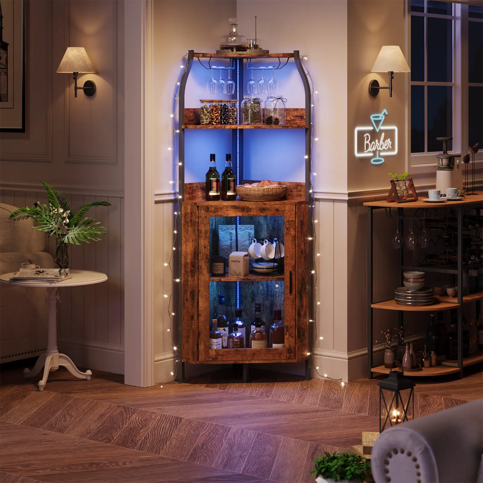 68" Corner Bar Cabinet with LED Lights & Outlet – Freestanding Wine Rack with Glass Door & Detachable Wine Holder, Space-Saving Corner Unit for Dining Room or Living Room
