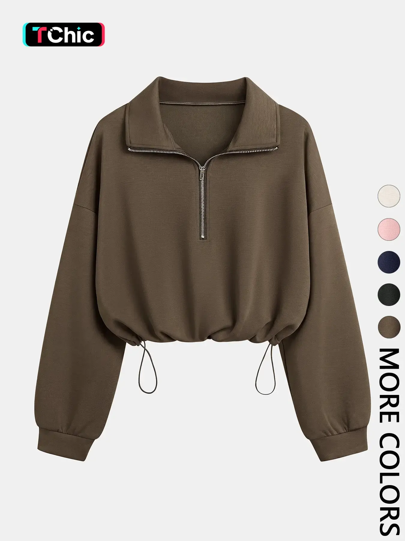 Women's Half-Zip Stand Collar Adjustable Drawstring Elastic Short Cropped Fitted Sweatshirt, Cute Cozy Sweatshirt, Comfortable, Casual and Stylish Pullover for Spring & Fall