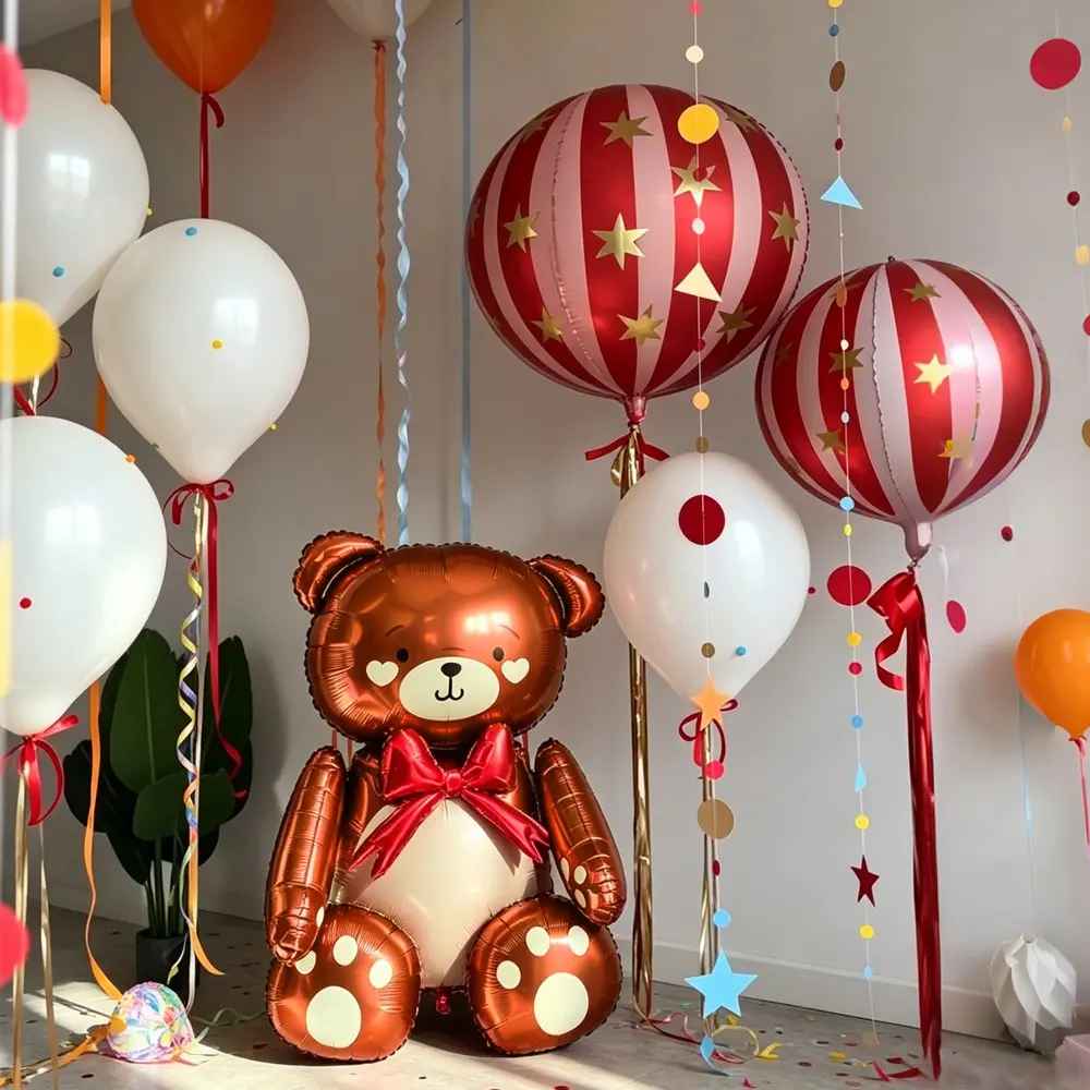Cartoon Bear Balloon Set, 4D Striped Star Print Foil Balloons, Ideal for Shower, Birthday, Anniversary, Proposal, Wedding Decorations