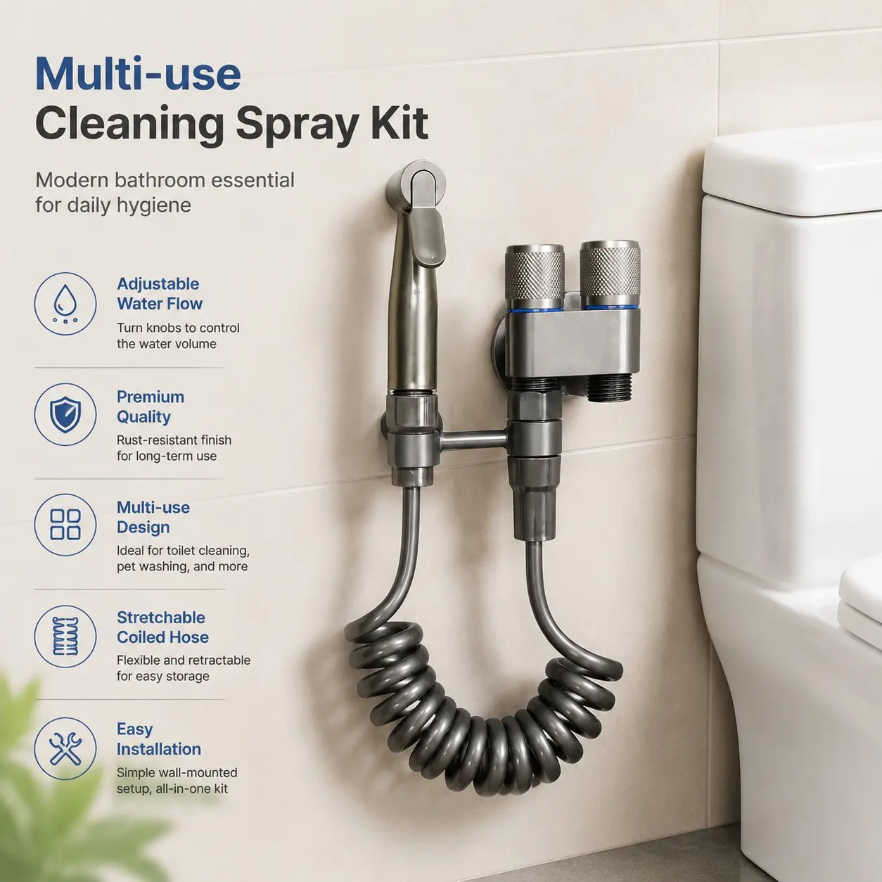 High-Pressure Toilet Spray Gun Kit, Dual Control Angle Valve, Extendable Hose, Stretchable Coiled Hose, Bathroom Cleaning Sprayer, Women's Hygiene, Pet Bathing