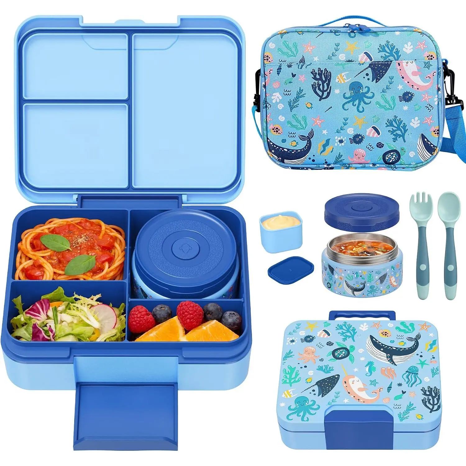 Bento Lunch Box Set with 9.5oz Soup Thermo, Leak-Proof Lunch  Containers with 3 Compartment and Removable Inner Tray, Insulated Hot  Jar with Lunch Bag for School, Office, Sea Blue