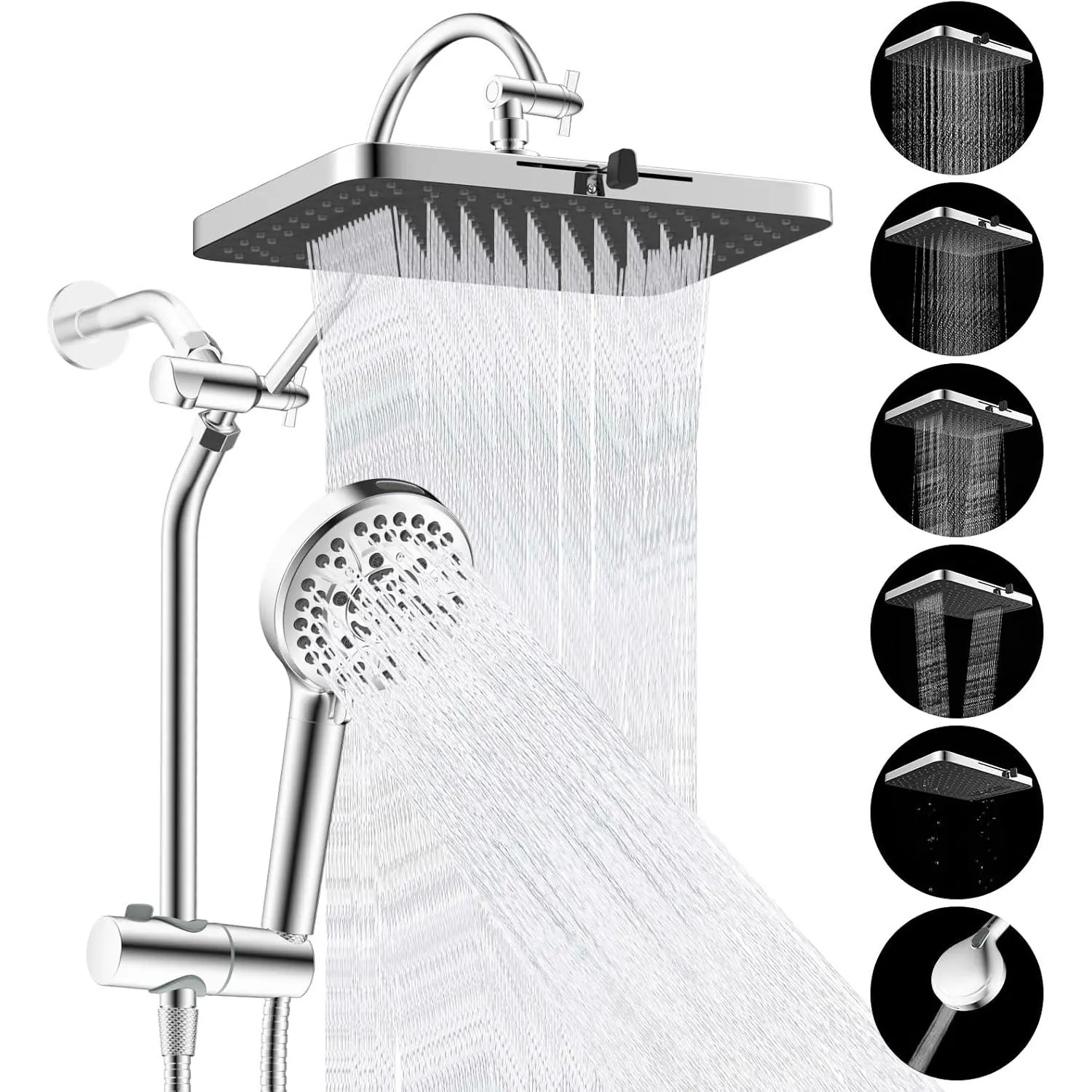 Upgraded cUPC Certified 13" Size Shower Combo Set, High 5-Rainfall Showerhead with 10 Modes Handheld, Metal 3-Way Diverter Shower Arm, 71" Hose and Holder, Chrome Included Kit, Massage Flow