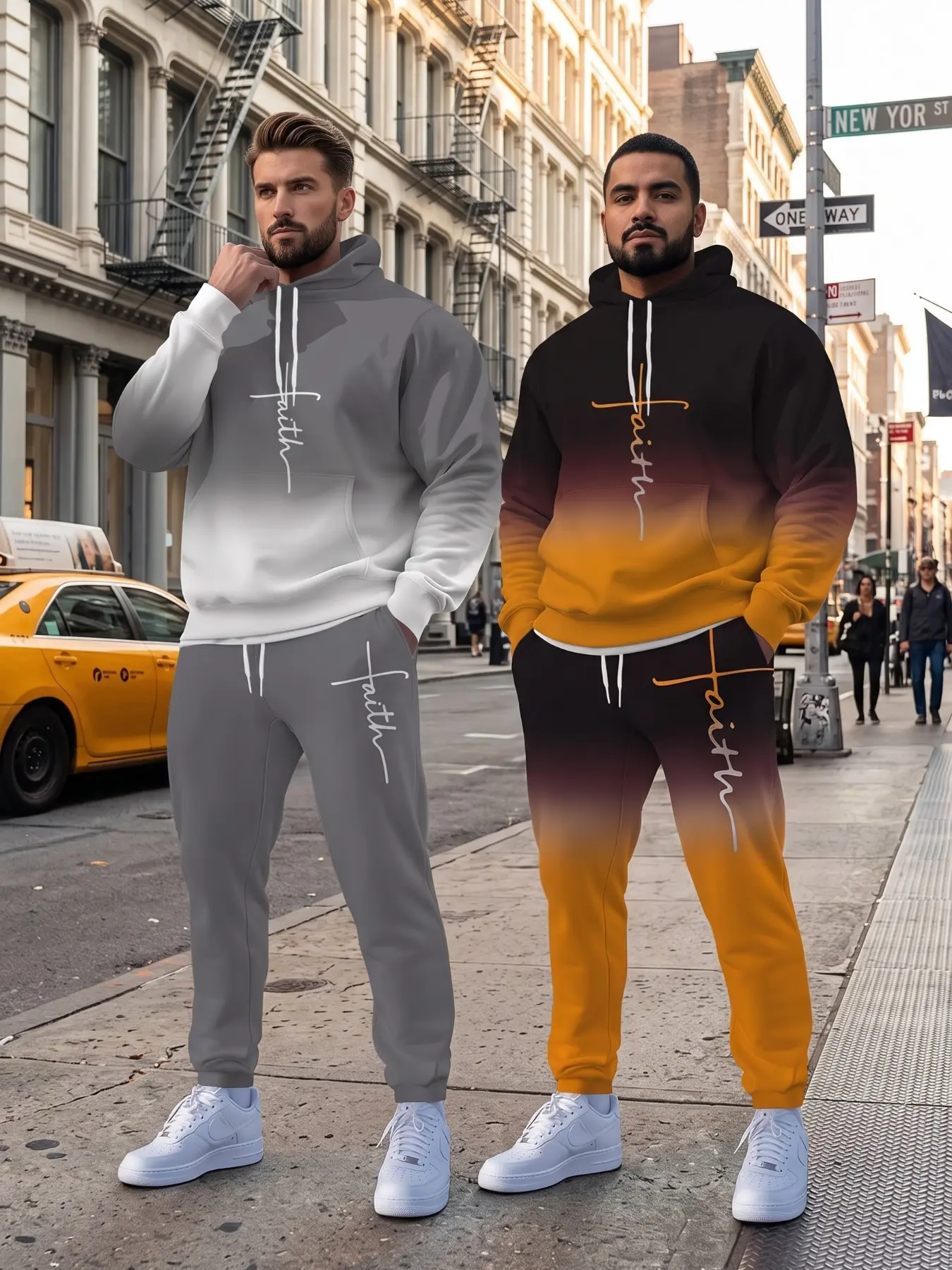 Men's 4-Piece Gradient Cross Letter Print Hoodie Set, Drawstring Hooded Sweatshirt, Loose-Fit Long Pants, Streetwear Fashion