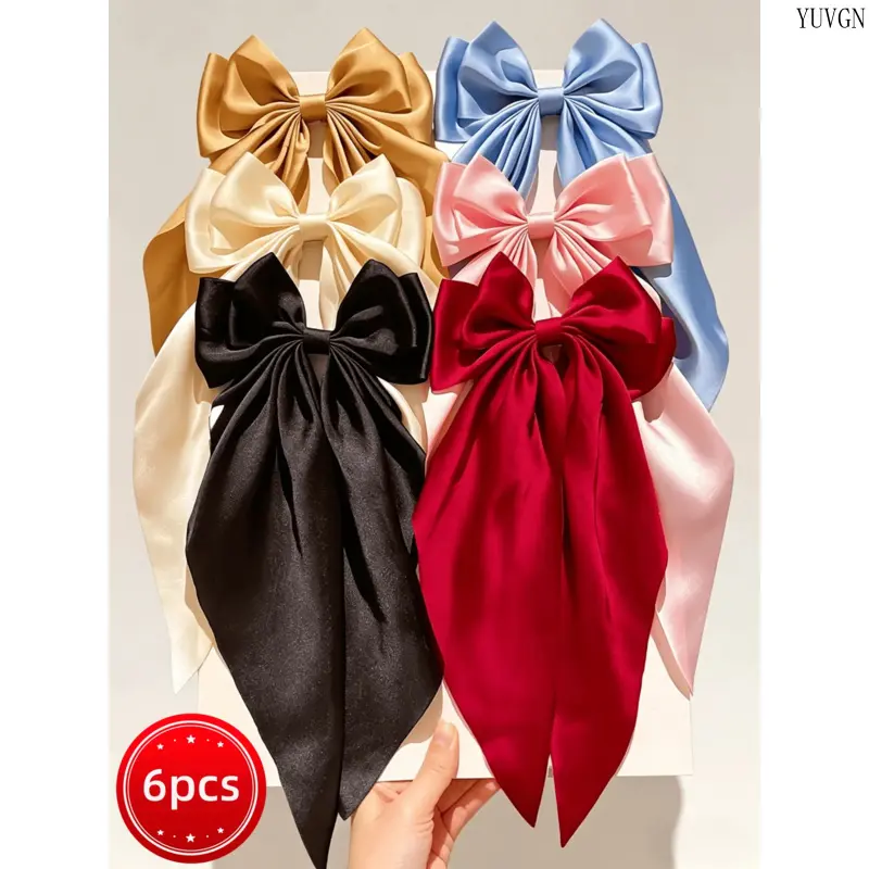 Women's 6Pcs Smooth Satin Big Bow Hair Clips - Silky Long Tail Barrettes, Romantic Ponytail Accessories, Trendy Leisure Hairpieces for Daily Wear, Wedding (Sports & Outdoor, Indoor Recreation Use)