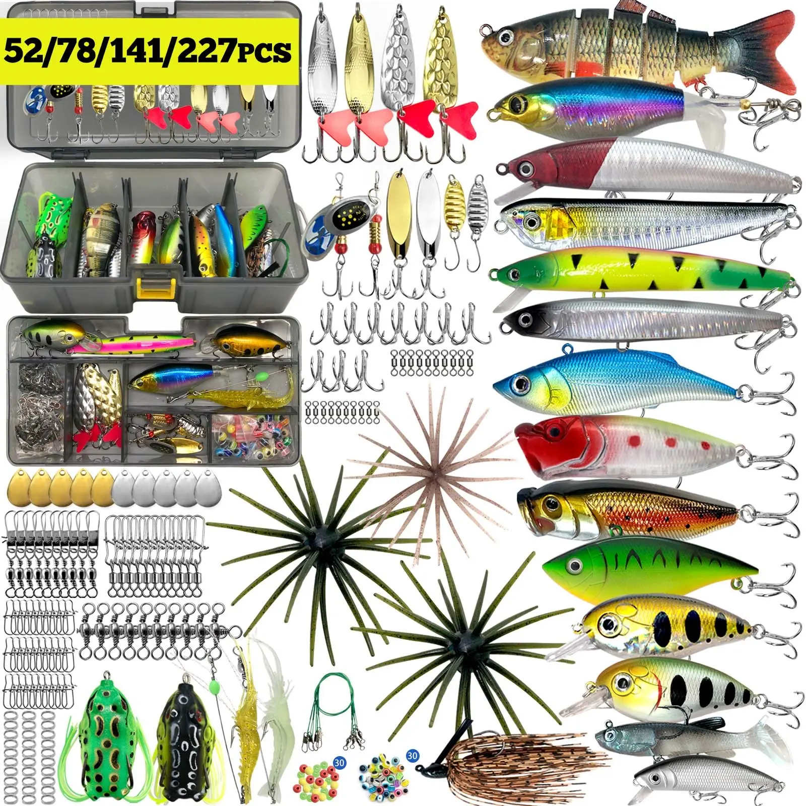 52/78/141/227 pcs Lure Fake Bait Set with Storage Box, Fishing Supplies, Various Fishing Baits and Accessories, Perfect Gift for Fishermen