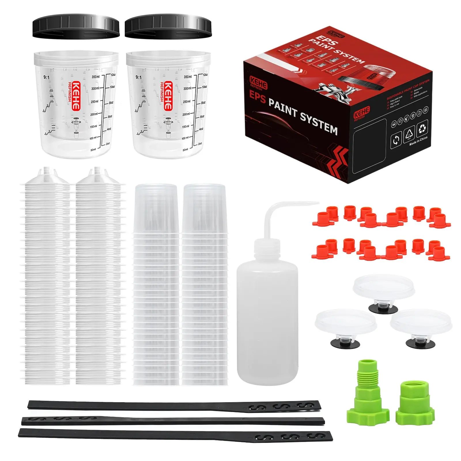 50 Disposable Spray Gun Cups, Car Paint Mixing System, H/o Type Quick Cups, 6oz, 12oz, 20oz, 27oz, DIY & Professional Use, Kehe Paint System, Painting Accessories, Inner Cups, Stirring Rods, Stoppers, Cleaning Bottle, PPS Adapters