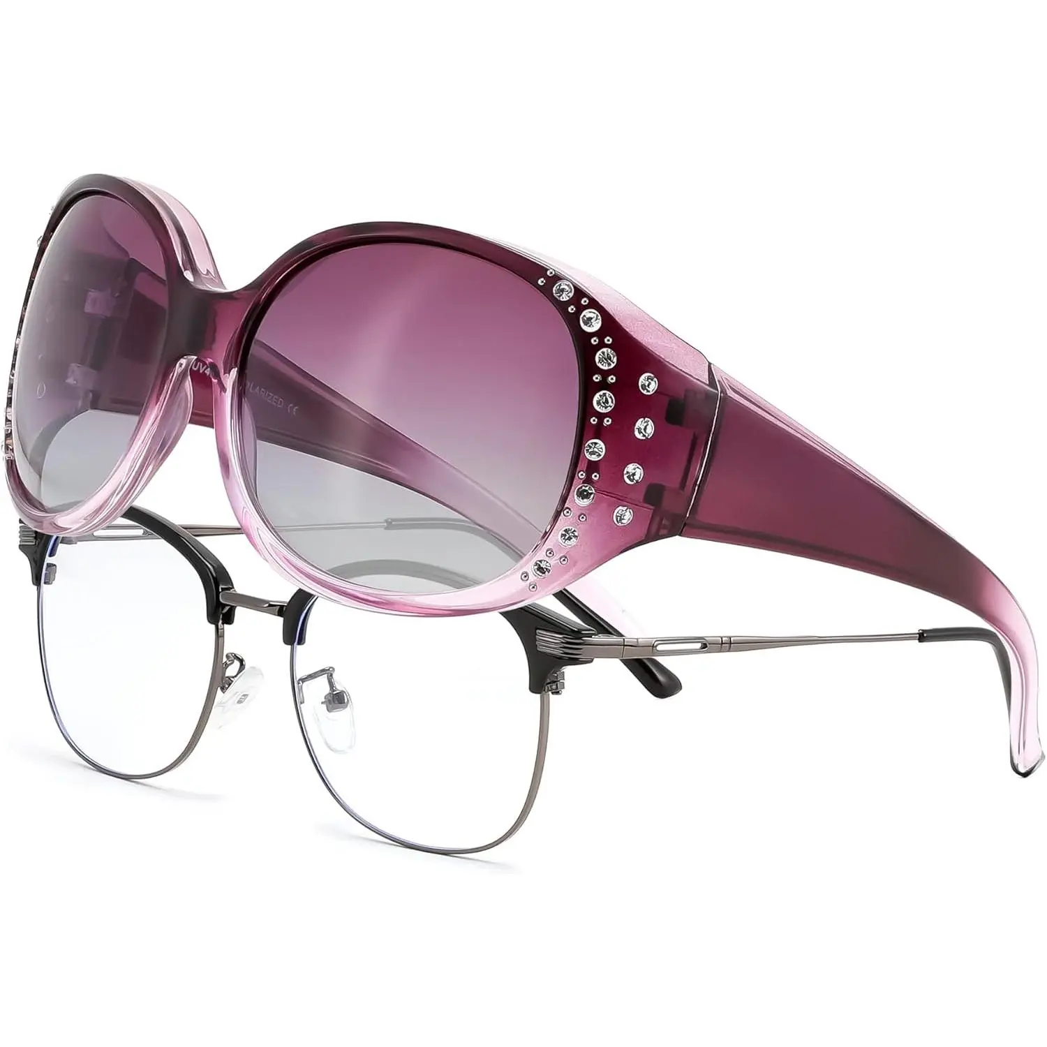 EyeconicFinds Women's Polarized Wrap-Around Fit Over Sunglasses with Rhinestones, Anti-Glare Driving Sun Glasses B0362