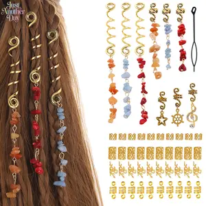 Boho Dreadlock Hair Accessories Kit, Including Gold Spiral Coils, Filigree Hair Cuffs, Evil Eye & Natural Stone Charms, Star & Anchor Pendants, Decorative Hair Jewelry for Braids, Twists & Locs