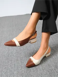 Elegant Two-Tone Slingback Pumps, Women's Comfort Low Heel Flats, Pointed Toe Casual & Work Shoes