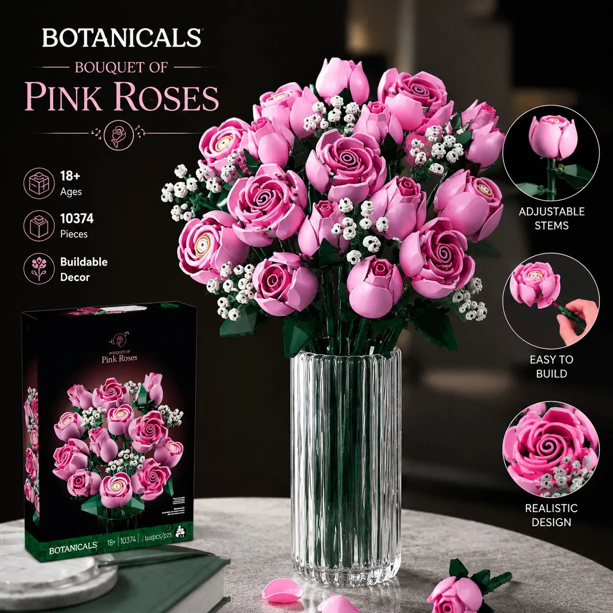 822PCS Pink Roses Flower Building Blocks Rose Bouquet Building Set Artificial Flowers Building Set Building Blocks Home Decor Flower Brick Set Bouquet Building Blocks Set Valentine's Day Gift, Mother's Day Gift, Home Decoration