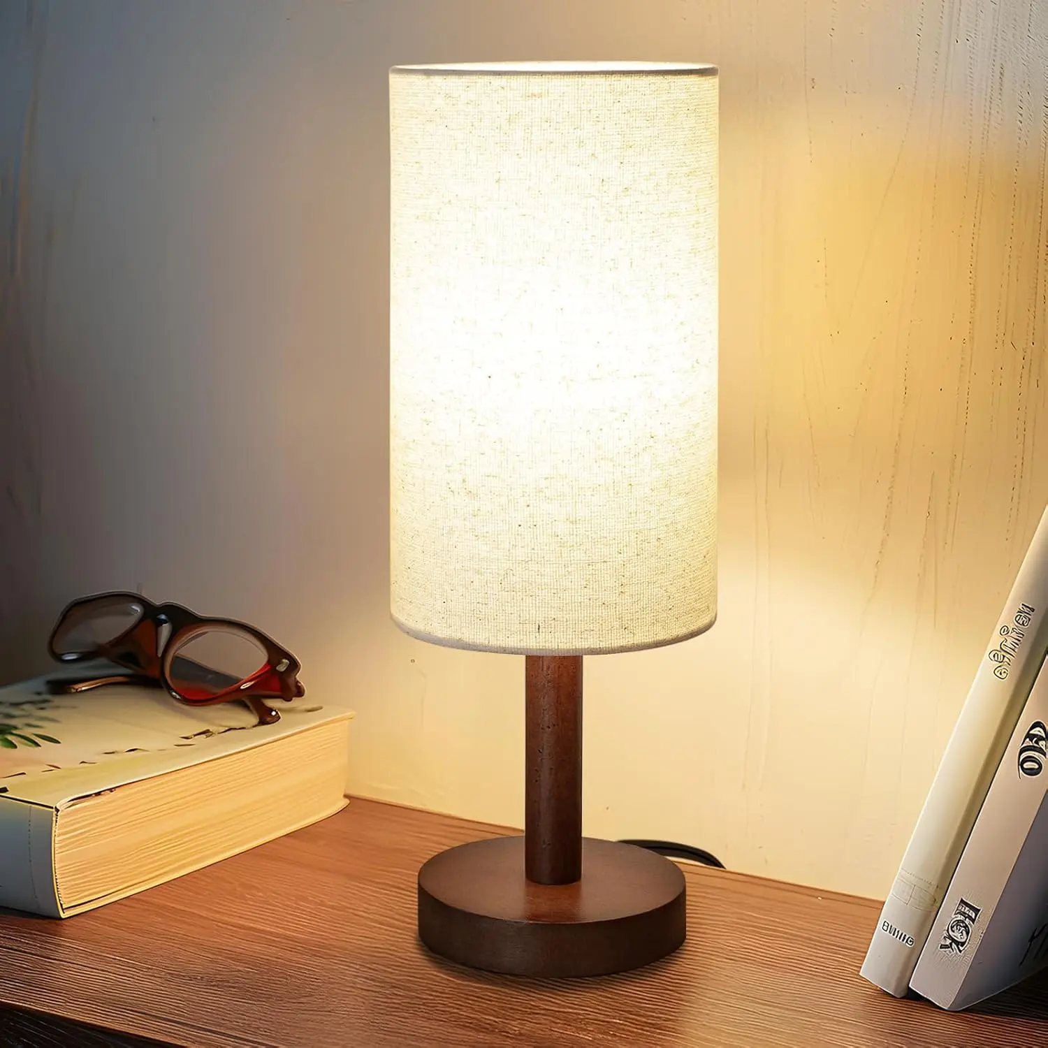 Bra Accessory Compatible Minimalist Solid Wood Slide Small Table Lamp, Beige Linen Shade, 6W LED Bulb, Child-Safe, Black-Walnut Base for Bedroom Nightstand Reading, Farmhouse Warm Lighting, Led Light