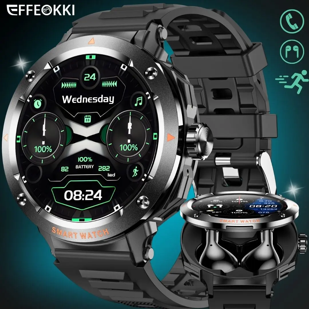 EFFEOKKI TWS 2-in-1 Smartwatch with Earbuds - Zinc Alloy Bezel, 1.46" Round Display, Wireless Call Function, Music Playback, NFC, Multiple Sports Modes, Fitness Tracking, Compatible with iPhone Android Smartphone