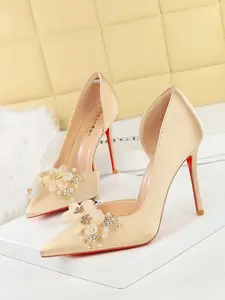 Elegant Stiletto Heels with Rhinestone & Pearl Accents, Pointed Toe Design, Breathable Side Cutout, Perfect for Weddings & Events