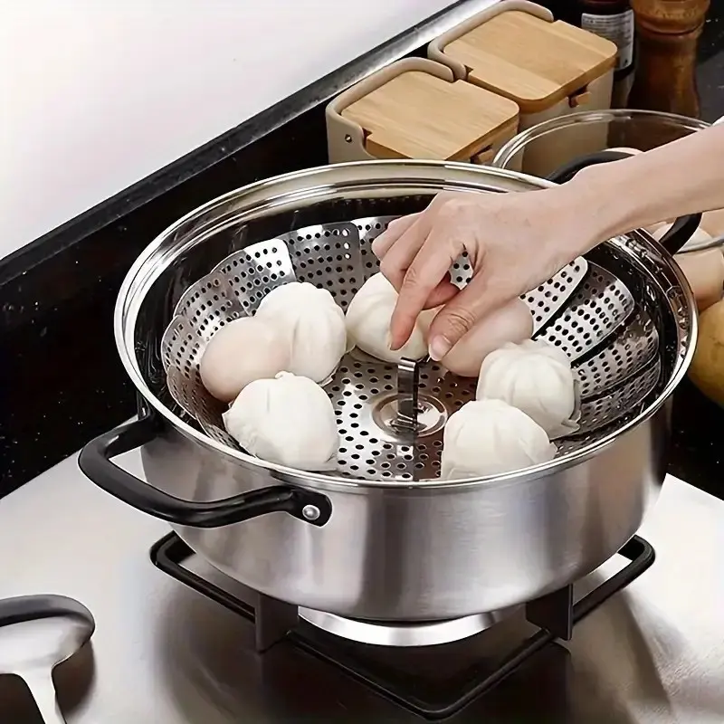 Foldable Steamer Pot with Non-Slip Base and Lid, Stainless Steel, Space-Saving Design for Home, Restaurant, Food Truck, Multi-Functional Steam Basket, Dumpling Steamer