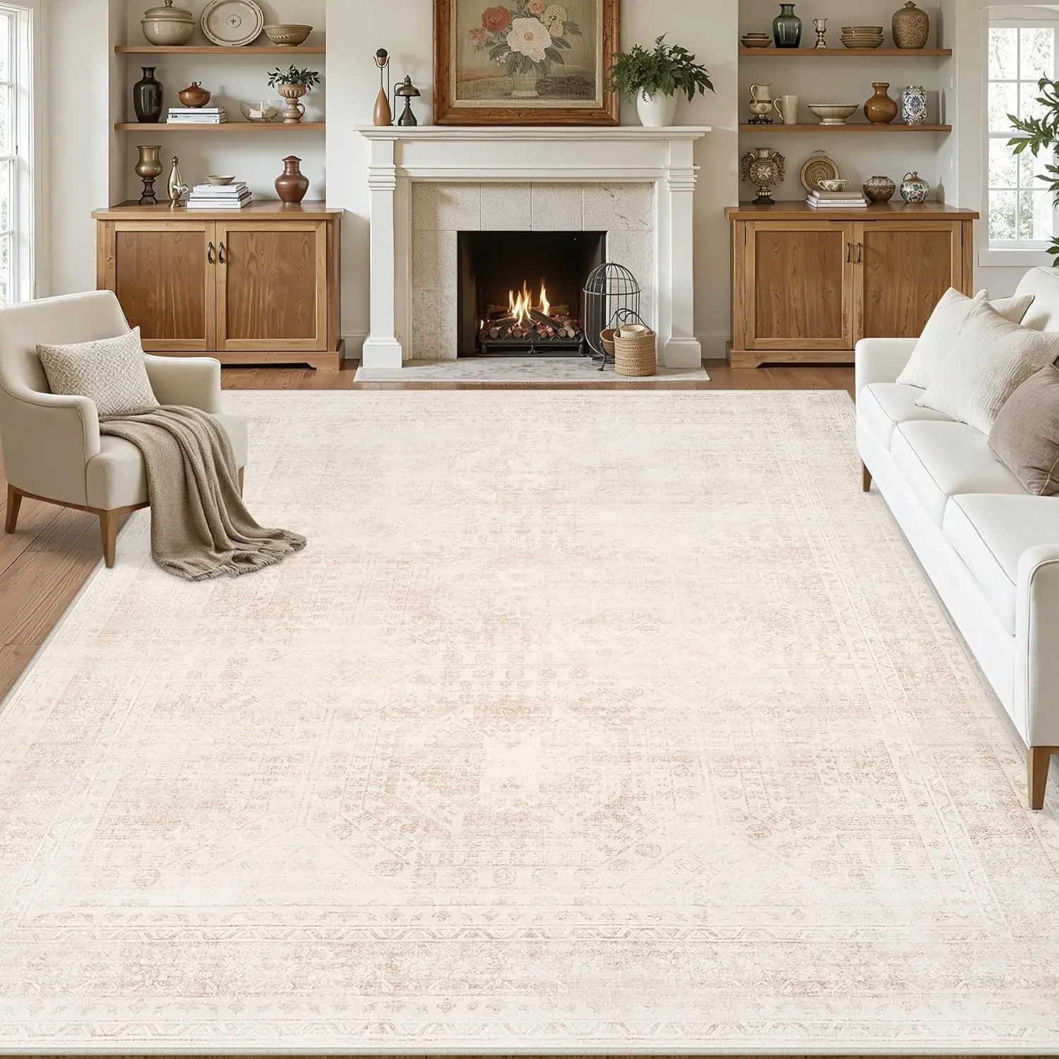 8x10 Area Rugs for Living Room: Vintage Boho Neutral Washable Rug Indoor Soft Large Area Rug Carpet for Bedroom Nursery Farmhouse Dining Room Office Floor Non-Slip Low Pile Under Table Rug Beige