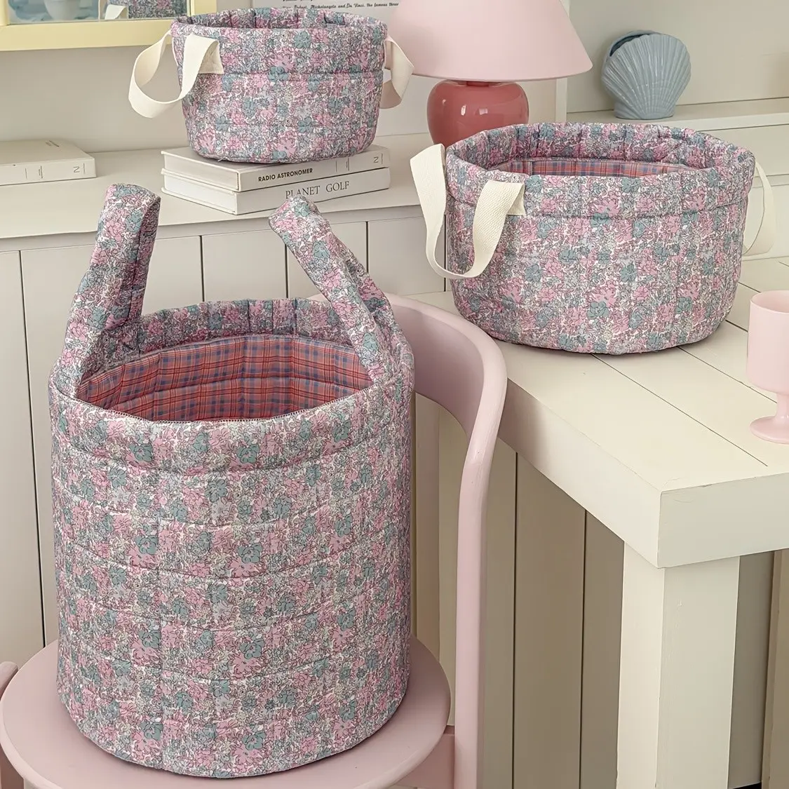 Large Foldable Quilted Round Storage Basket with Floral Barrel - Portable Suitable for Picnics, Laundry & Room Decor, Open-Top Bin, Foldable Collapsible for, Basket for, Blankets, Clothes, Shelf Baskets