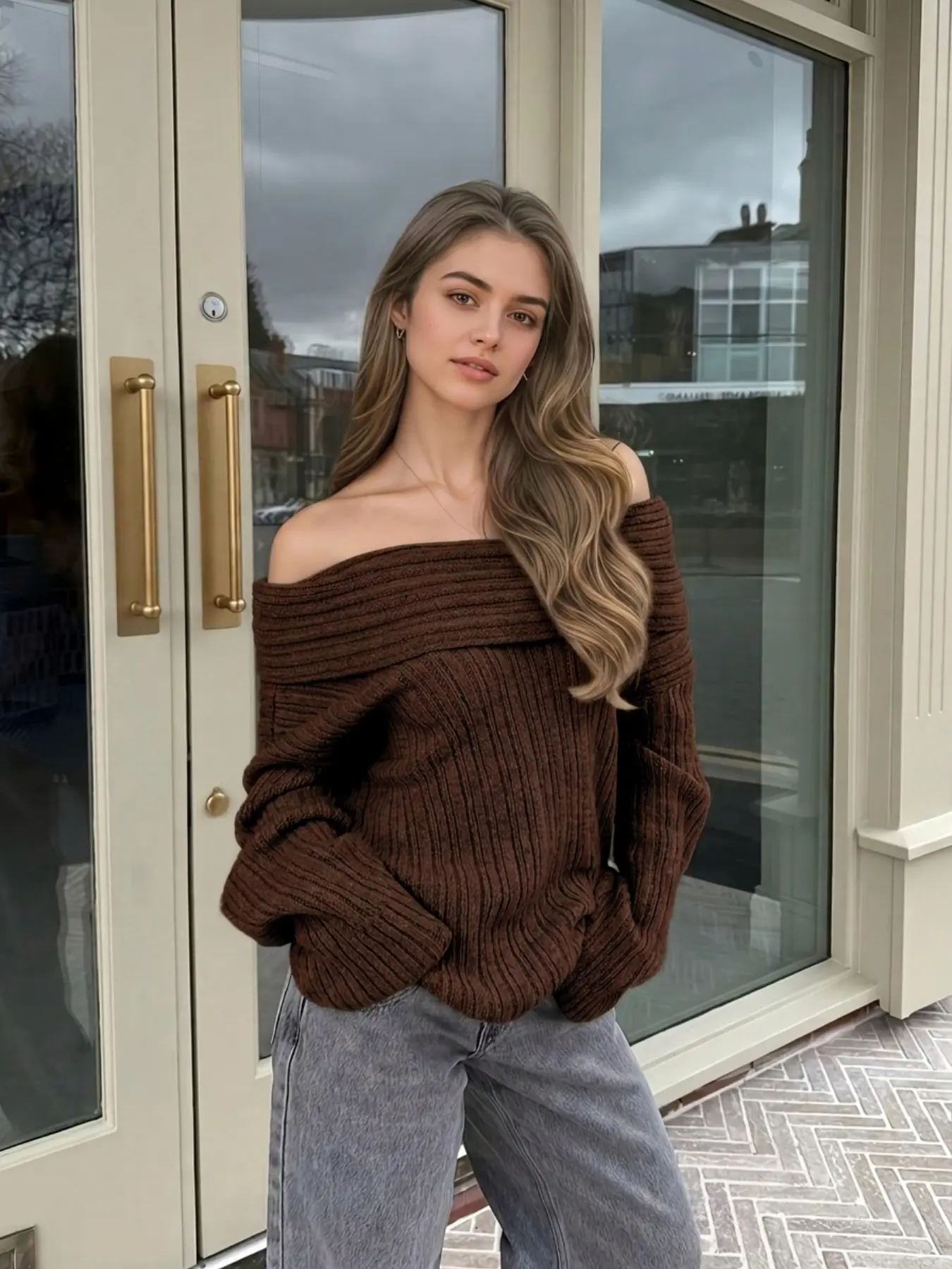 1PC Women's Off The Shoulder Ribbed Knit Sweater, Fold Over Slash Neck Loose Fit Long Sleeve Pullover, Chocolate Brown Soft Knitwear Top for Fall Daily Casual Streetwear