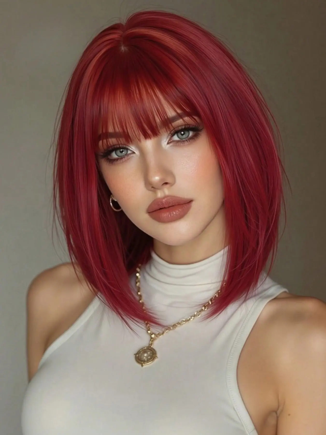 Red Short Straight Bob Wig for Women, Full Headpiece with Bangs, High-Quality Heat-Resistant Fiber, Elegant Synthetic Hair, Synthetic Hair Wigs