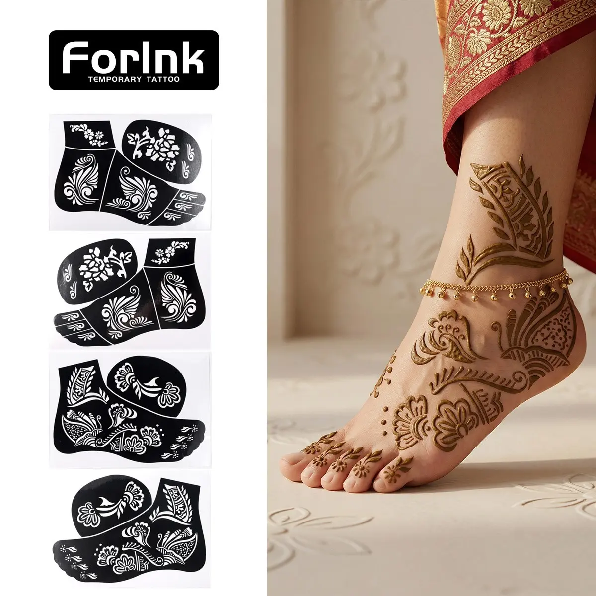 4pcs Indian Henna Foot Tattoo Stencils, Boho Sun Floral Designs Pattern DIY Temporary Body Paint Templates, Festival Wedding Ramadan Carnival