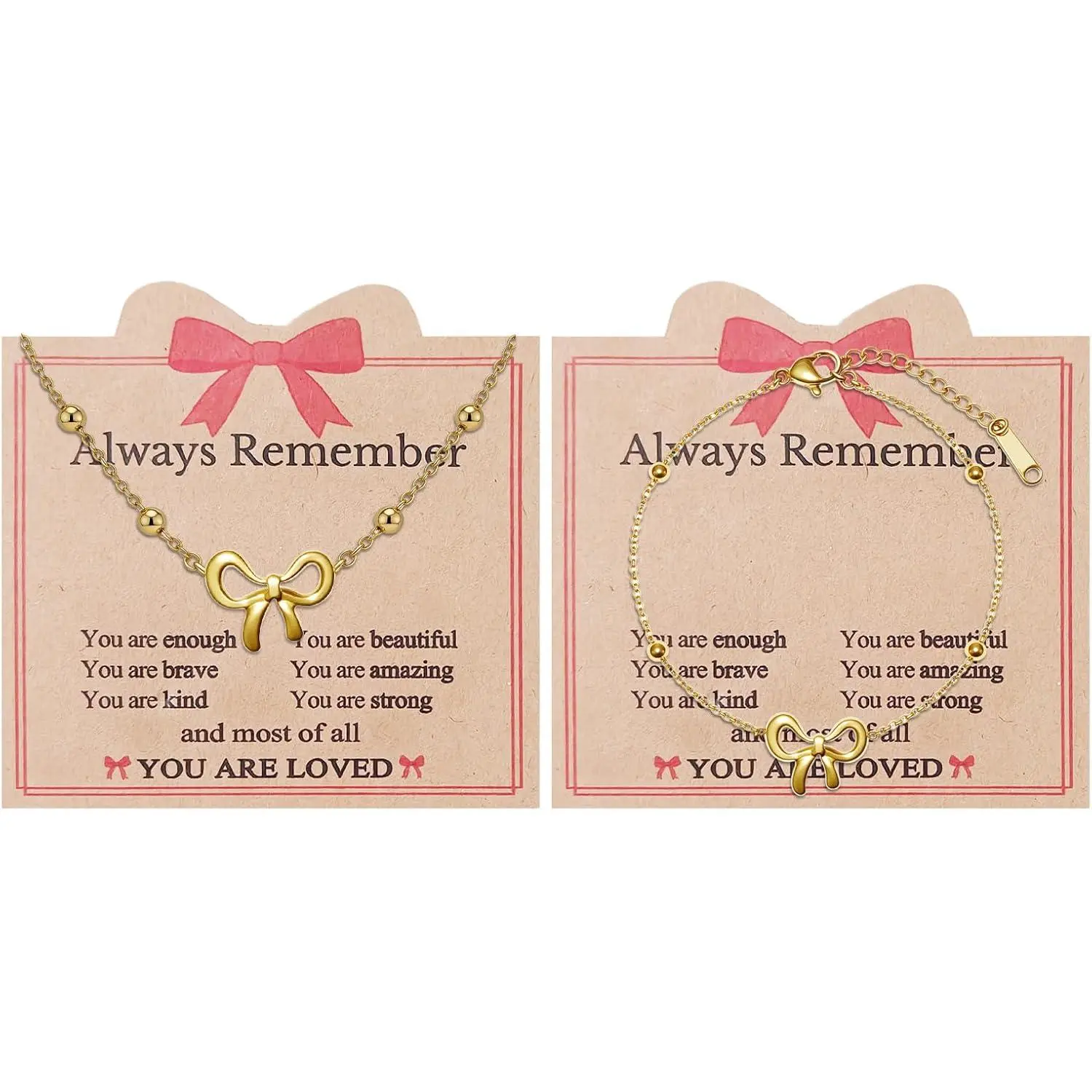 Bow Necklace and Bracelet Valentines Set with Encouragement Card | Cute Preppy Trendy Stuff  Bow , Sweet Valentine's Day Birthday Gifts for Women Couple Her