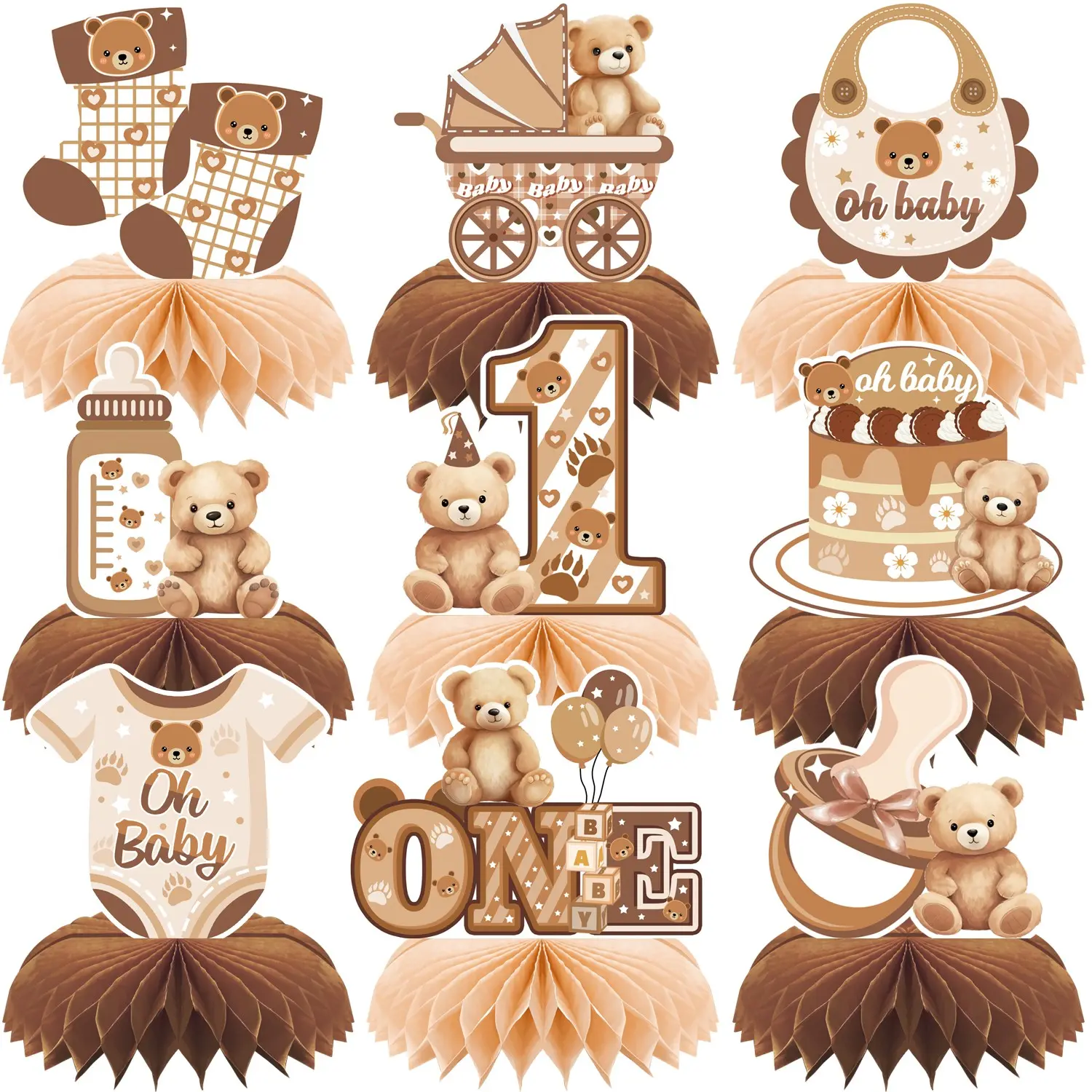 9pcs Teddy Bear Honeycomb Centerpieces, Neutral Bear 1st Birthday Table Decor, Oh Baby Themed Party Supplies for Baby Shower, Decorations Set