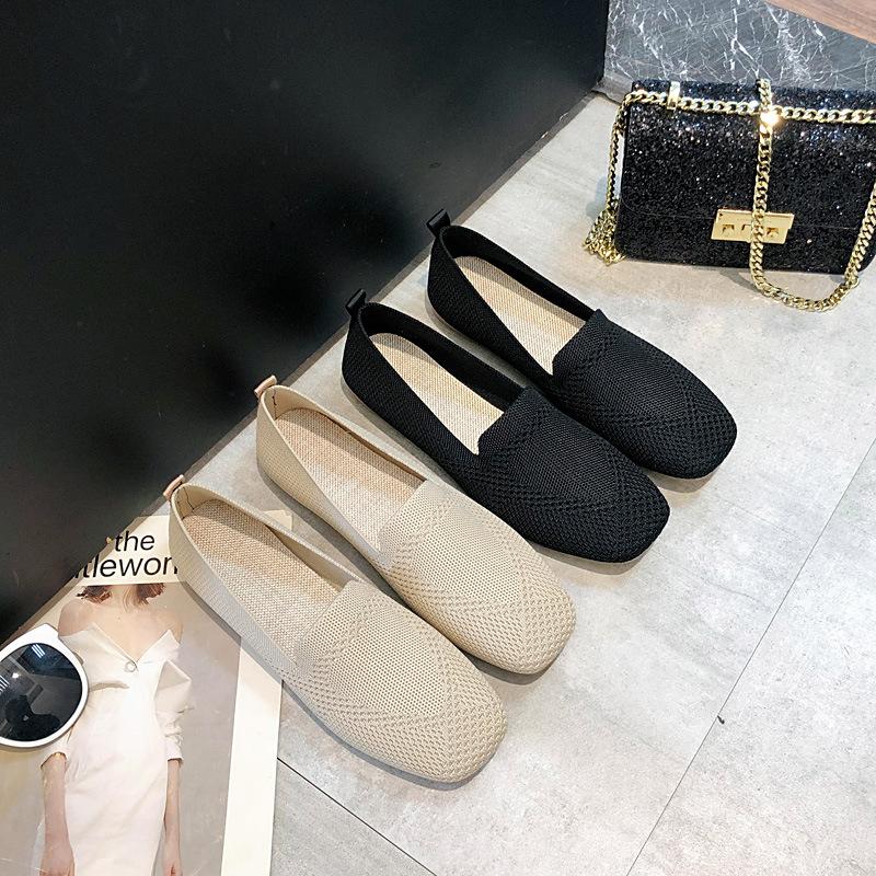 2026 Women's Breathable Knit Slip-On Flats |     Soft Sole Square Toe Boho Print Casual Walking Shoes