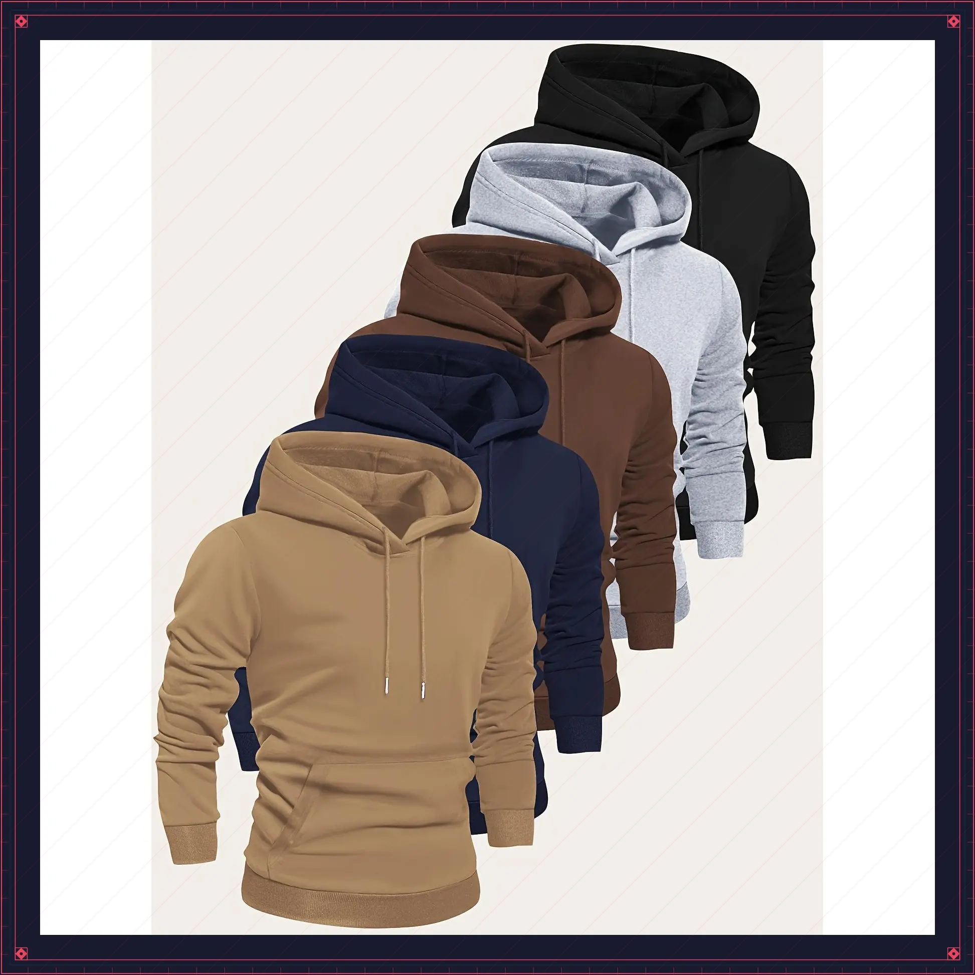 Set of Premium Solid Color Hooded Long Sleeve Sweatshirts - Fashion Hoodies for Men - Casual Sports Wear with Kangaroo Pocket for Spring and Fall Jogging, Outdoors Leisure, and Everyday Comfort