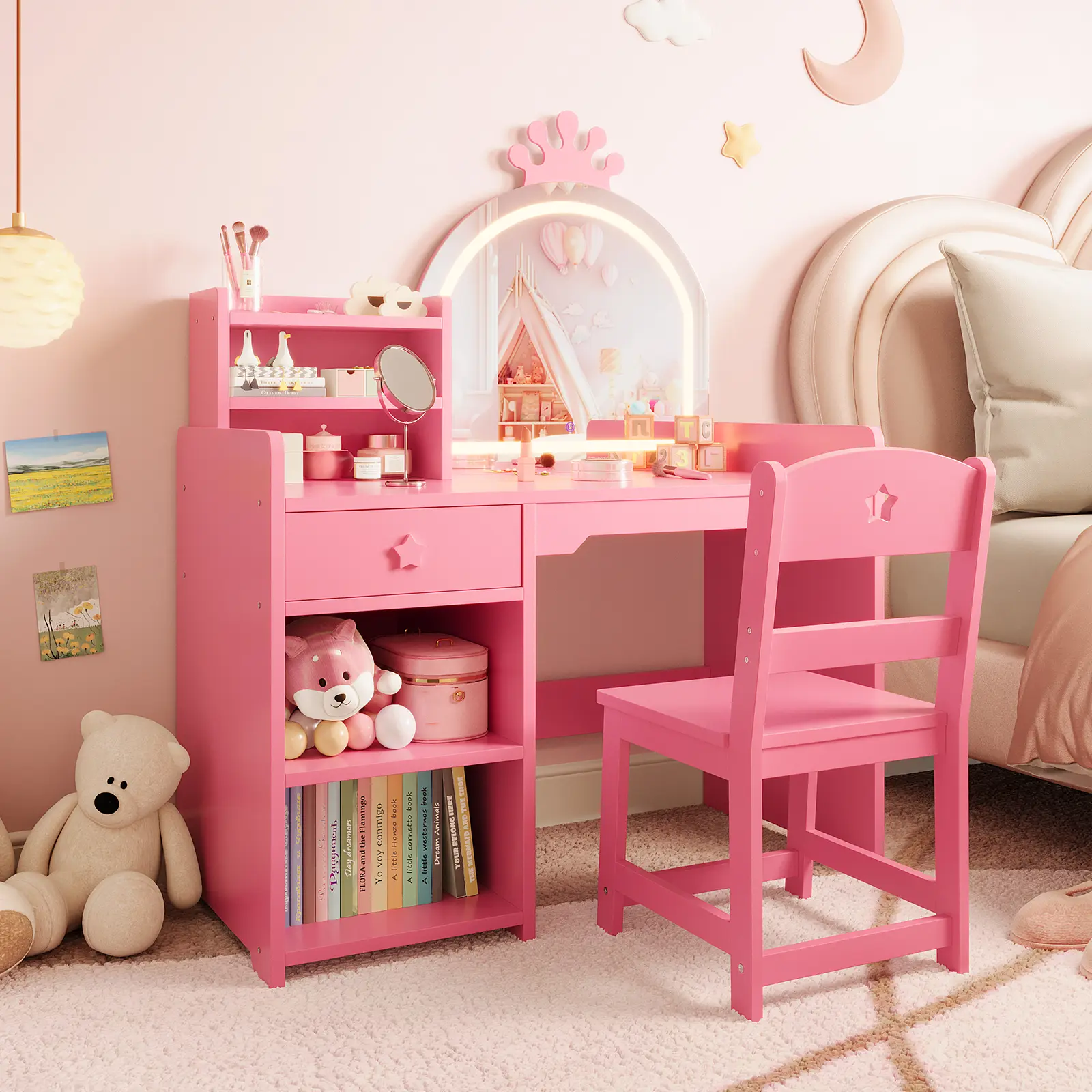 【GARVEE】Lighted Crown Mirror Kids Wooden Vanity Table & Single Seat Set, 2-in-1 Princess Makeup Desk with Bookshelf, Storage Cabinet, Open Storage Shelves, Child-Safe Toddler Dressing Table, Easy Assembly, Ideal for Girls Bedroom