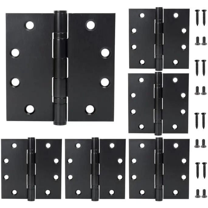 4.5 inch X 4.5 inch Black Heavy Duty Commercial Door Hinge | with Silent Steel Plain Ball Bearing, 3 mm Thickness Stainless Steel, Square Corner with 48 Screws (6-Pack)