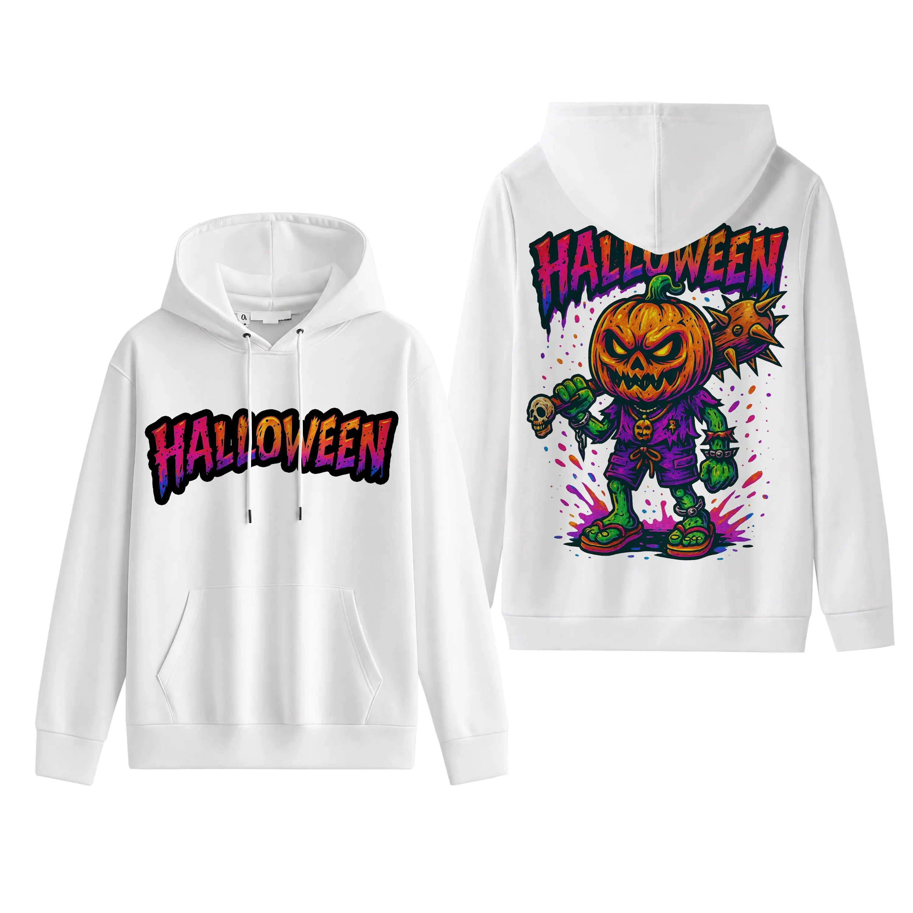 Men's Pumpkin Zombie Halloween Hoodie - White Pullover Tops with Colorful Monster Back Print, Neon Graffiti Graphic Sweatshirt for Parties, Featuring Kangaroo Pocket, Check Design Complement for Joggers (Necklace Accessory Note: Style Coordination Piece)