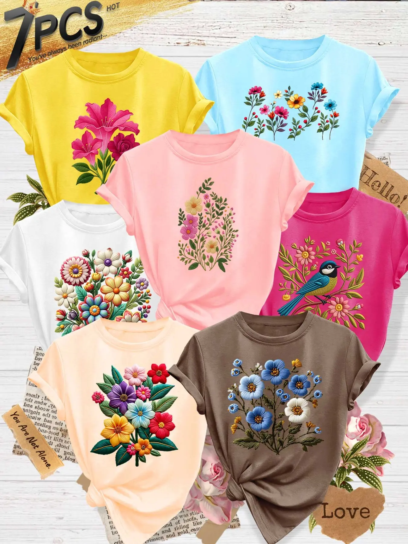 7Pcs Women Crew Tee, Round Neck, Casual, Blue Bird Colorful Daisy Floral Print, multi-color, washable, soft spring summer top, Casual Tee Shirts