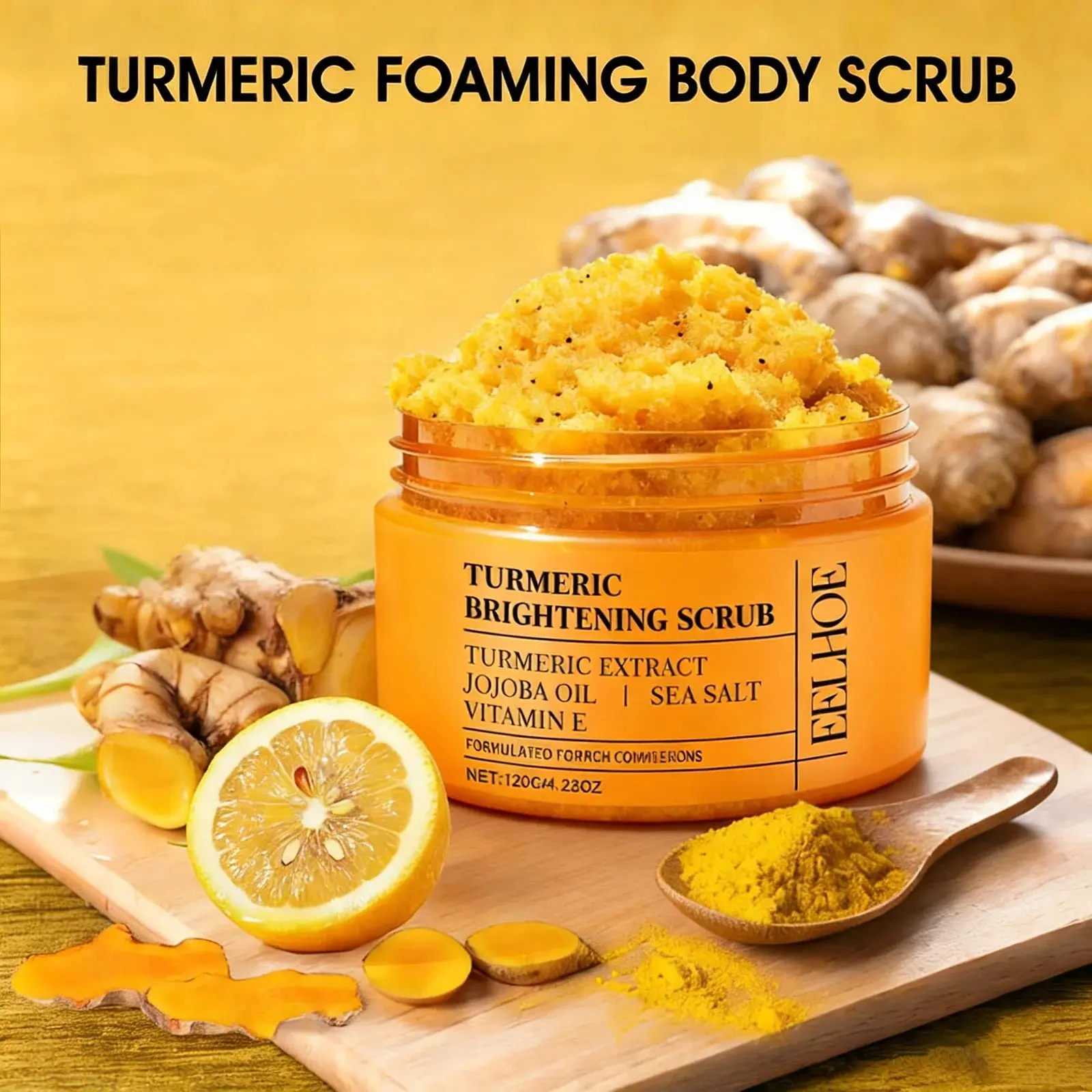 Turmeric Body Scrub, All-Natural Exfoliator for Body, Face, Hand & Foot, Gently Moisturizes & Brightens Skin, Suitable for All Skin Types, Turmeric Brightening Scrub
