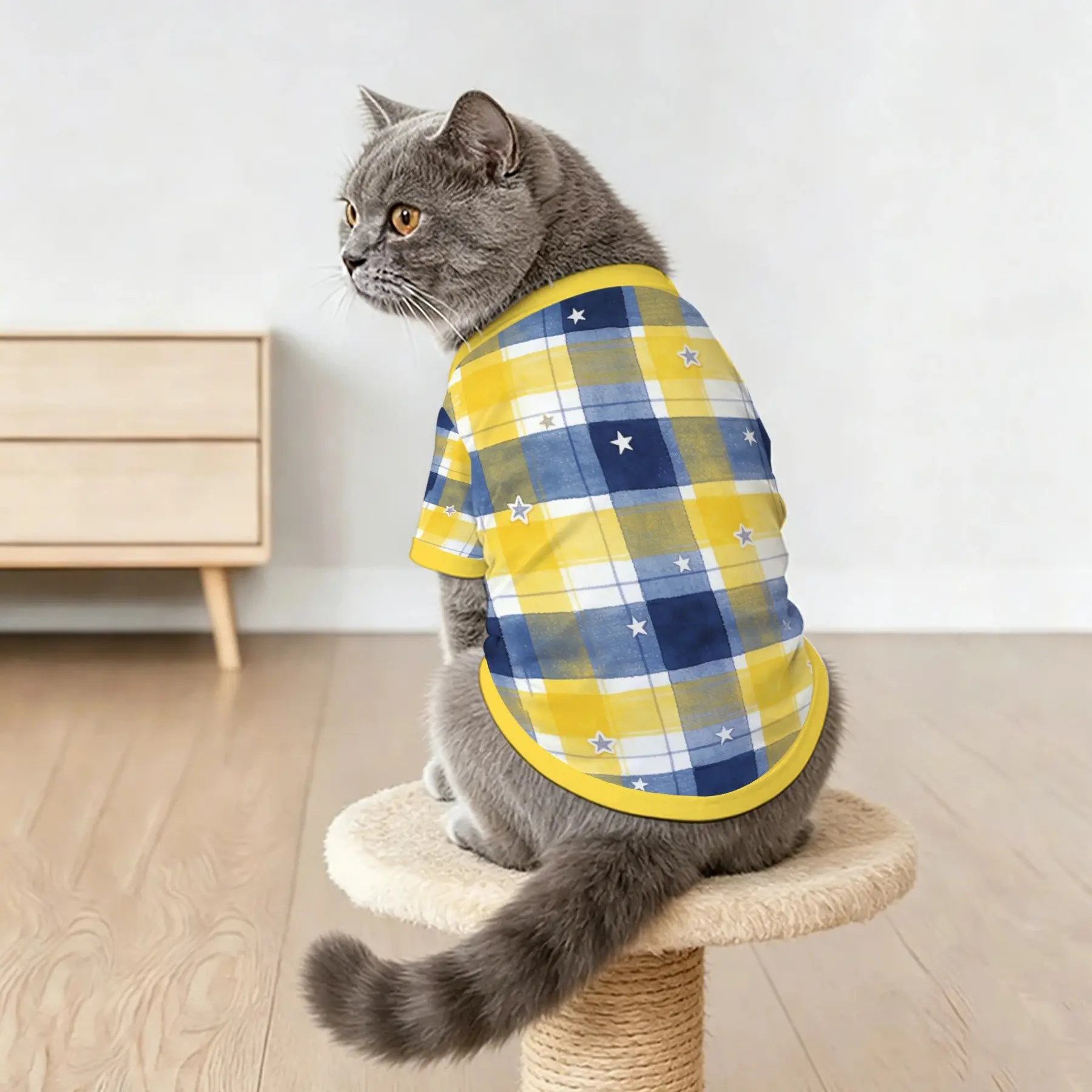 1pc All Season Pet Clothes, Blue Plaid Print, Soft Breathable Lightweight, Cute Dog Cat Short Sleeve T-Shirt, Daily Casual Wear