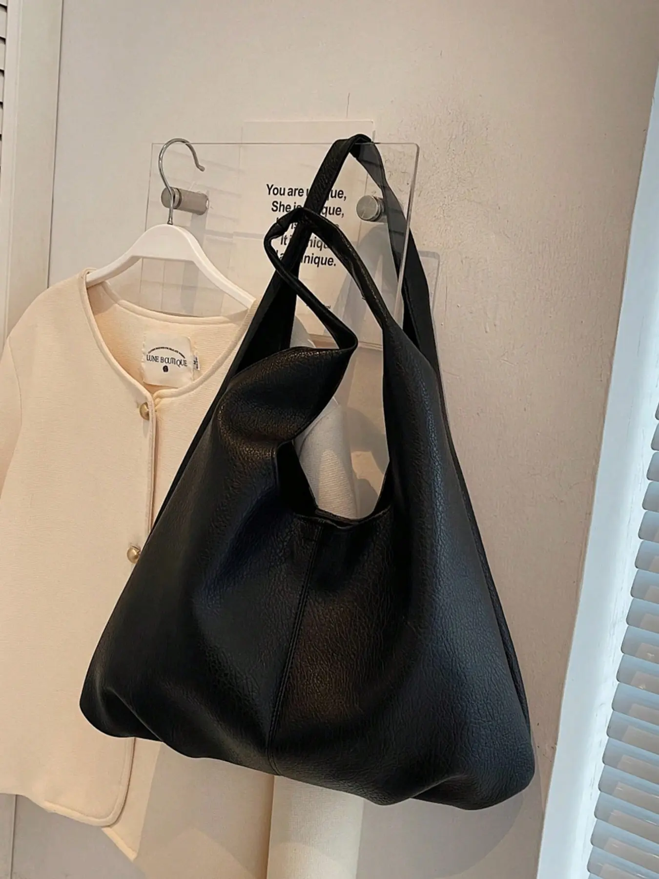 Minimal Solid Black Pebble Grain Faux Leather Oversized Tote Bag, Soft Slouch Relaxed Silhouette Large Capacity Everyday Shoulder Purse All Seasons Casual Big Handbag, Fits 14 Inch Laptop Daily Use Office School Casual Travel Handbag for Ladies