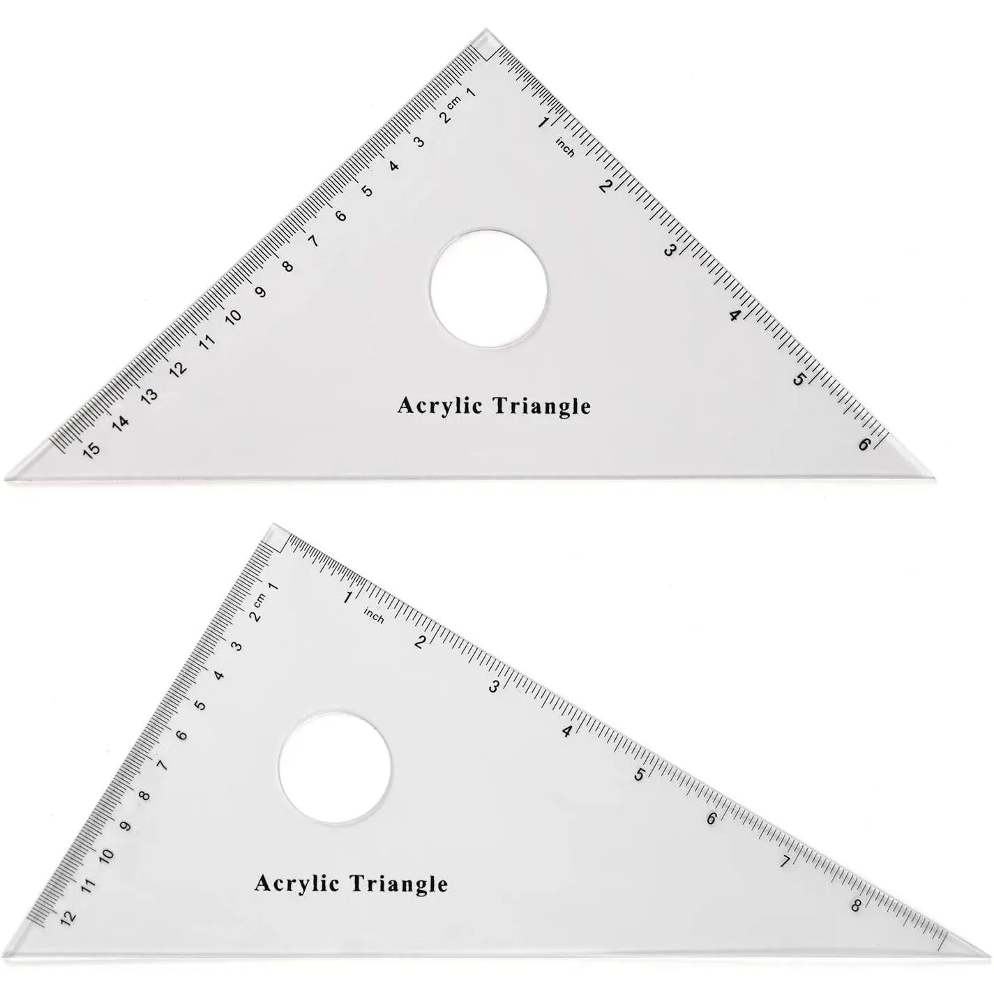 2-Piece Plastic Large Geometry Triangle Ruler Set - 30/60 Degree & 45/90 Degree, Double Inches/cm Scale, Circular Hollow Grip