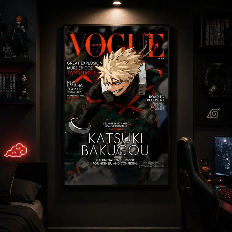 Katsuki Bakugo Vogue Cover Canvas Home Wall Art for Adult Fans, Mid-Century Modern Black Flash Manga Wall, Y2K Y3K Aesthetic 1980s Retro Cinematic Poster, Anime Fashion Magazine Print for Trendy Girls, Anime Room Decor, Manga Wall Art, Otaku Room Decor