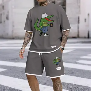 Men’s Crocodile DJ Graphic Print Waffle Fabric Short Sets 2 Piece Outfits, Green Summer T-Shirt and Shorts Set, Hip Hop Streetwear Look, Textured Casual Outfit, Breathable Loose Fit, Music Inspired Style