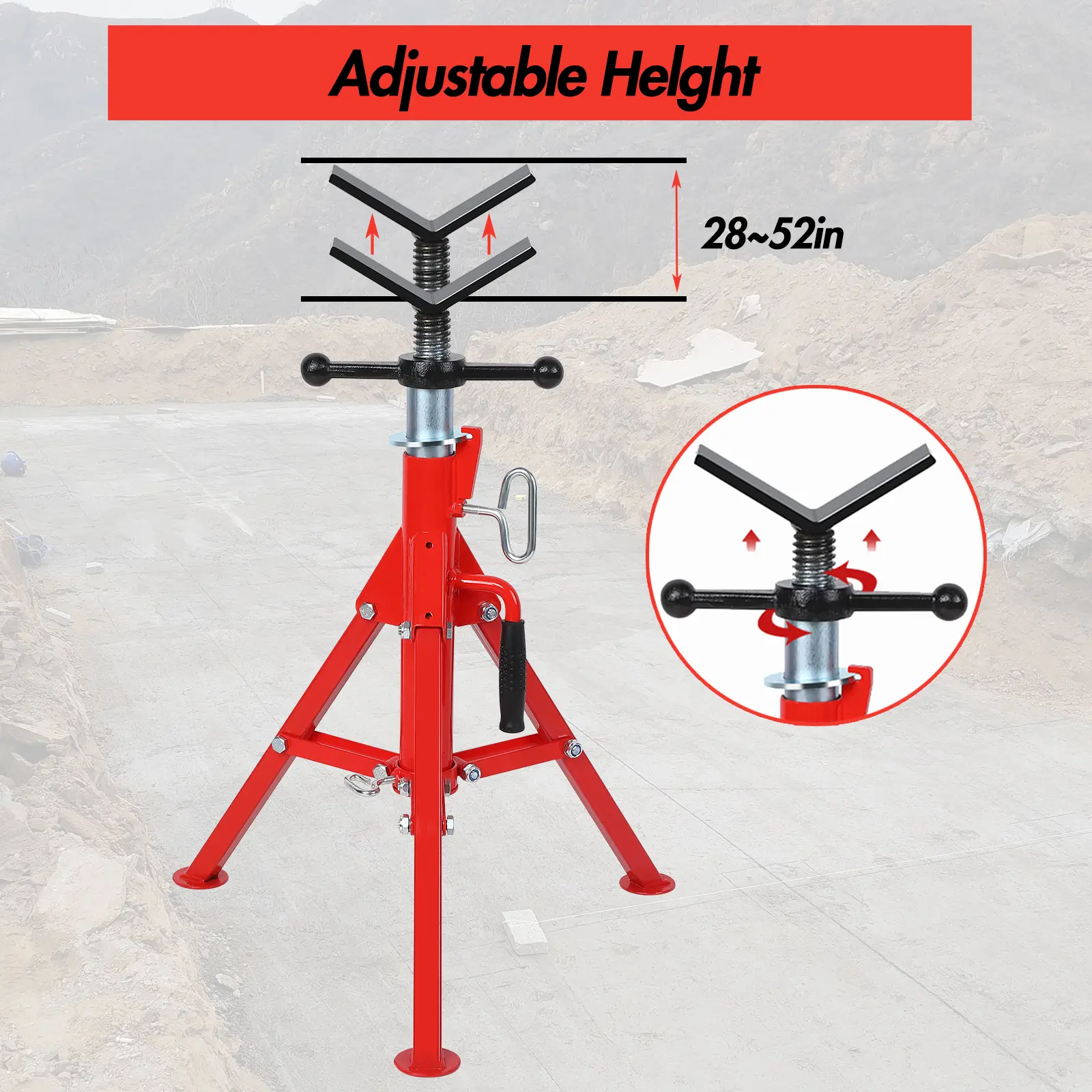 Adjustable V-Head Pipe Jack Stand, 28-52" Height Range, 2500 lbs Load, Supports 1/2"-12" Pipes, Collapsible Heavy Duty Tool for Pipe Work