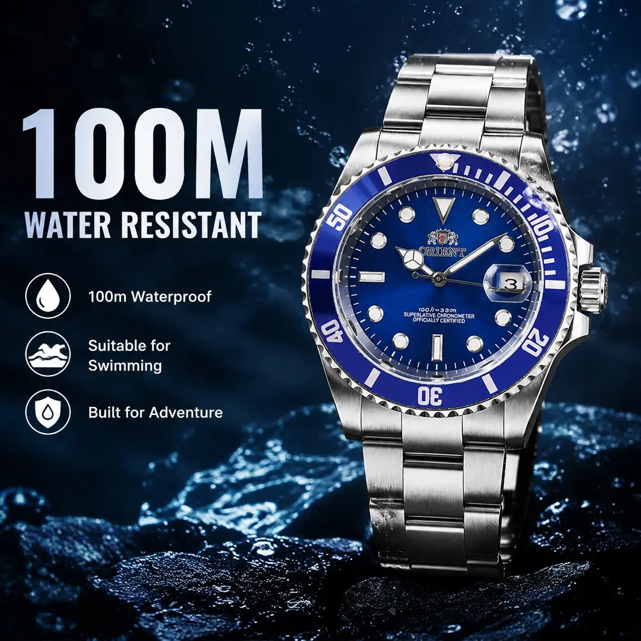 Orient Blue Sub Style Automatic Men's Diver Watch - Solid Stainless Steel Bracelet, Unidirectional Bezel, Dial, Date Window, 300M Water Resistant, Luminous Hands, Sports Mechanical Wristwatch - Classic Timepiece for Daily Wear & Men's Gifting