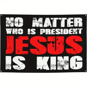 2D Flat, 1pc Christian Faith Banner "No Matter Who Is President Jesus Is King" - Heavy-Duty Peach Light Beige Fabric-like Religious Flag with Grommets, White/Red/Black Lettering for Indoor/Outdoor Church, Home, Dorm, Decoration - Jesus Cross, 2D Flat
