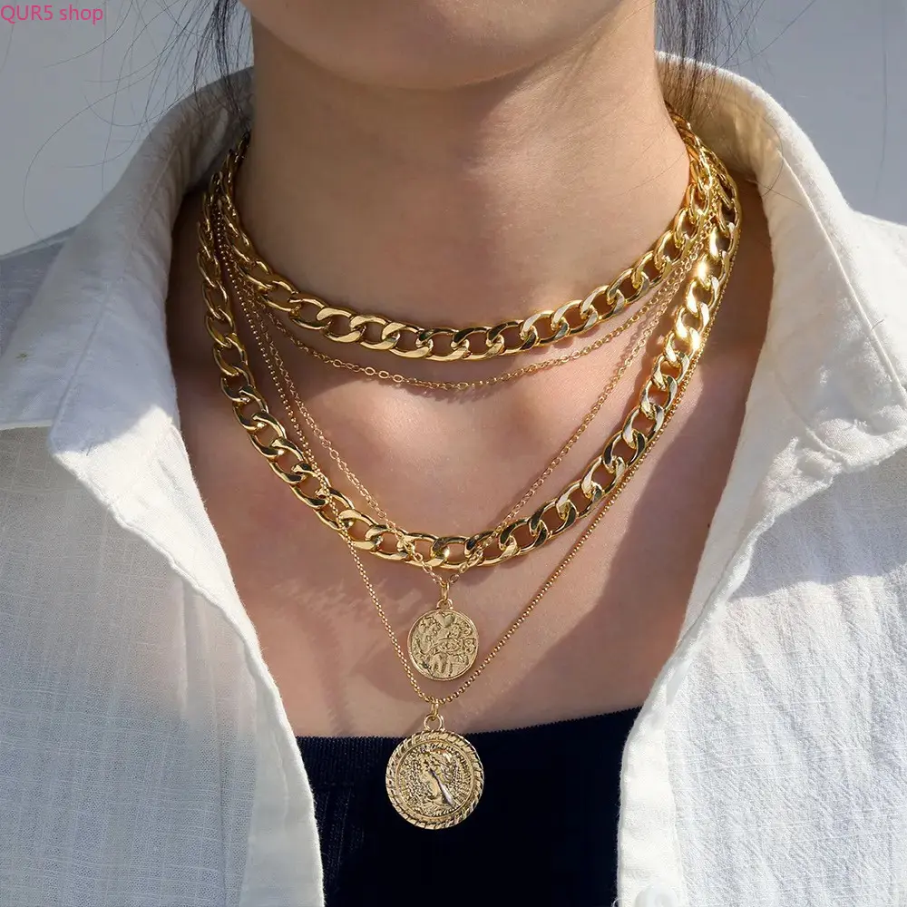 5 Pack Vintage Layered Coin Pendant Necklaces for Women, Two-Tone Gold Silver Chunky Stackable Chains Adjustable Length, Retro Boho Jewelry For Daily Party Summer Outfits summerwins