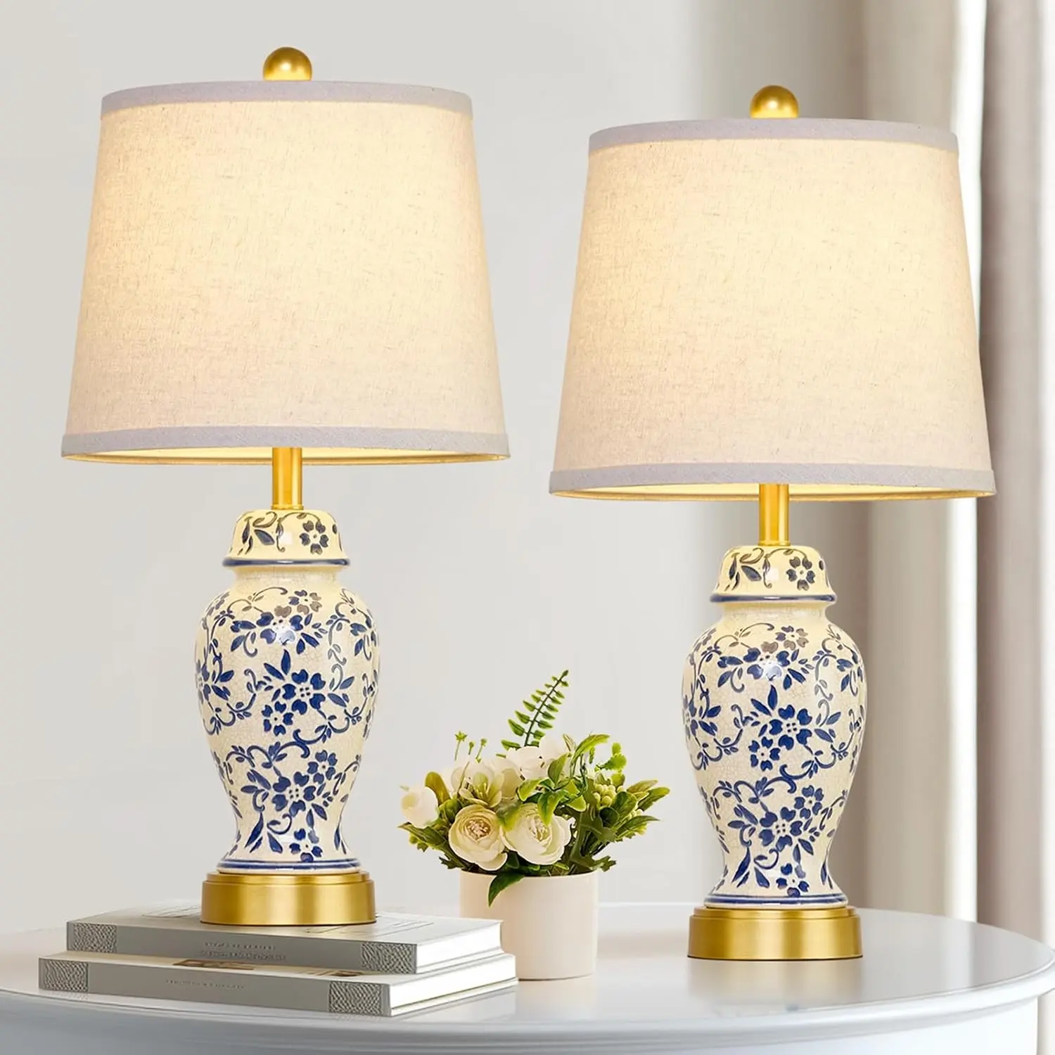 Chinoiserie Ceramic Table Lamps Set of 2 (Gold) - Traditional Blue Porcelain Lights with 2 LED Bulbs, Lights for Bedroom Living Room Nightstand