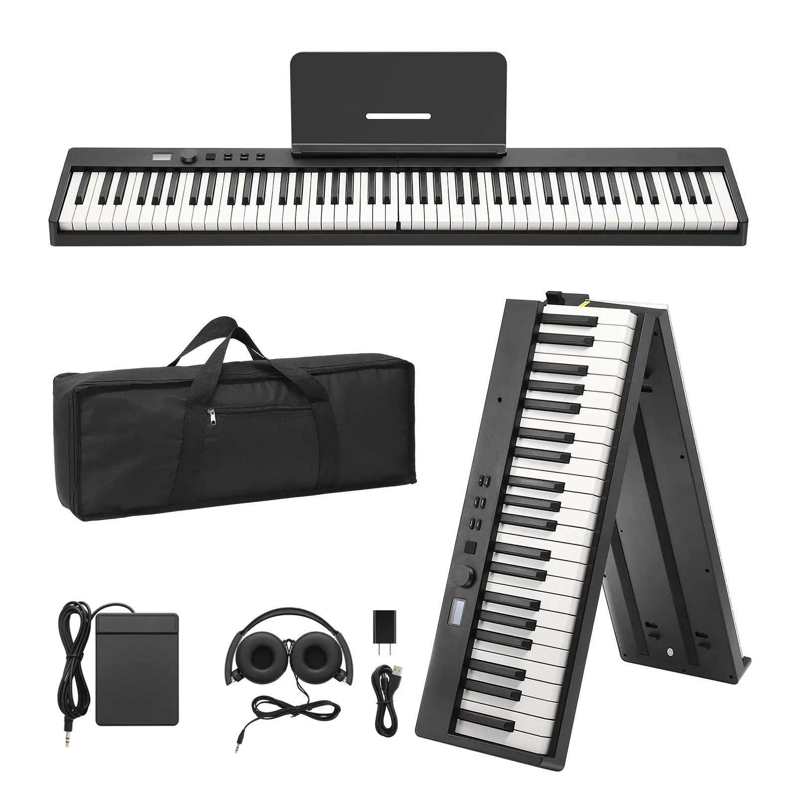 88 Key Portable Folding Digital Piano, Full Size Semi-Weighted Keyboard with Stand Pedal Headphones, Lightweight Electric Piano for Beginners Adults Kids, MIDI Bluetooth Connectivity, Carry Bag Included, Black
