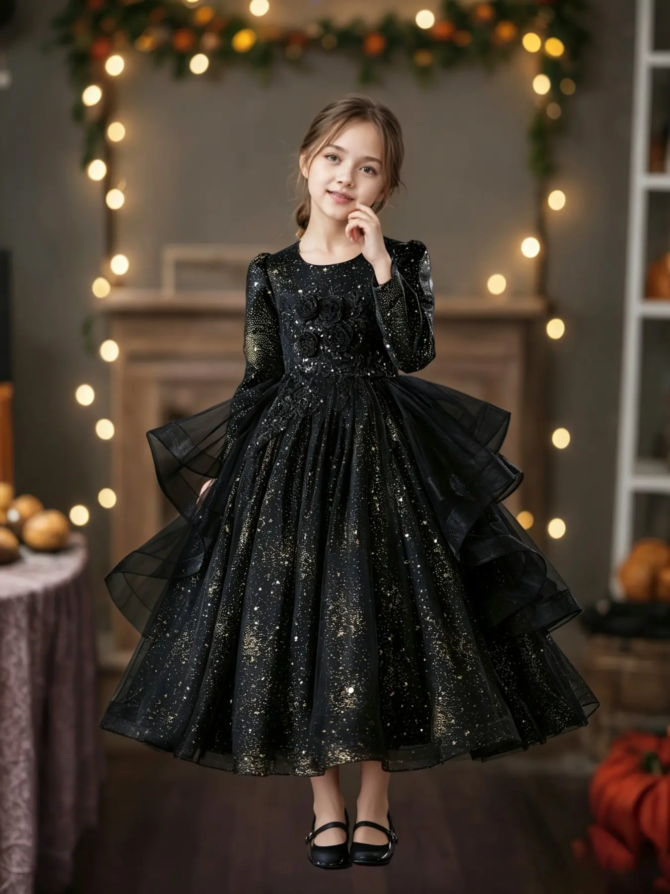 Girls' Christmas Party Dress, Halloween Costume, Long Sleeve Evening Gown, Fall Winter Fashion, Dark Style, Kids Formal Wear, Party Attire, Polyester Dresses