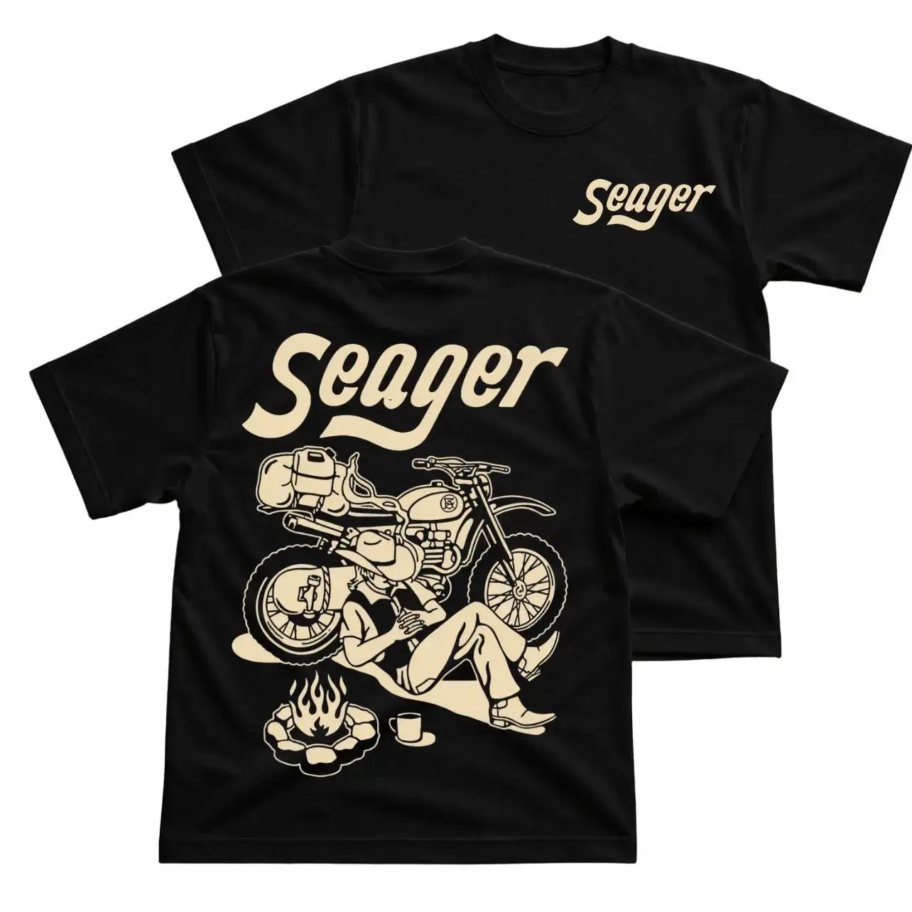 Seager Motorcycle Campfire T-Shirt, Seager Travel Graphic Tee With Adventure Bike Back Print, Front Chest Seager Logo Shirt, Vintage Moto Camping Outfit, Outdoor Road Trip Apparel Gift for Riders and Men Women